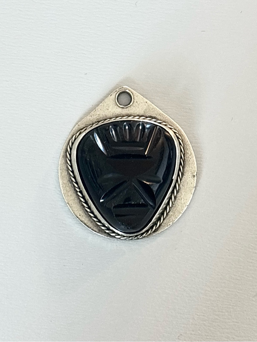 Vintage Carved Obsidian Aztec God Head Necklace Pendant Tlaloc Mexico